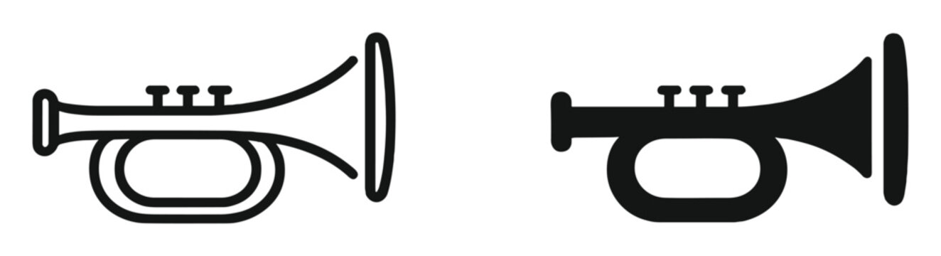Outline and solid trumpet icons set, musical instrument symbols with valves and bell shape on transparent background