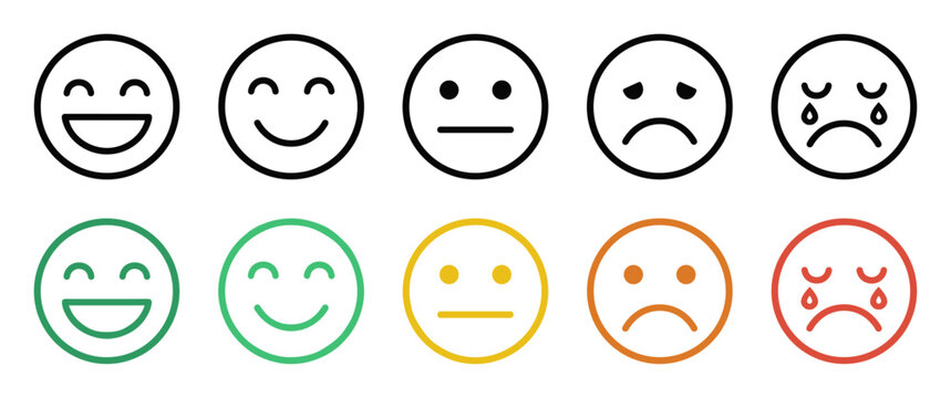 Set of colored and black outline emoticons representing different emotions from happy to sad with tears in circular frames on transparent background