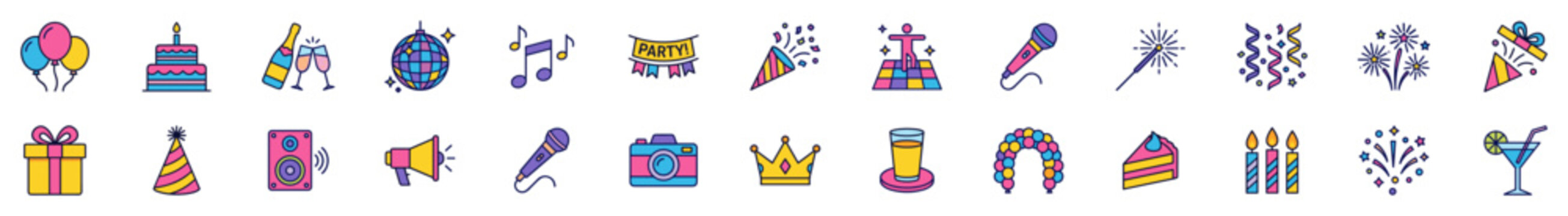 Colorful party icons set including balloons, cake, champagne, disco ball, music notes, party hats, microphone, fireworks, gift box, camera, crown, drink on transparent background