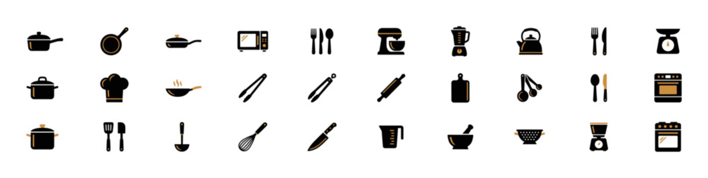 Set of kitchen utensils and appliances icons including pots, pans, microwave, cutlery, mixer, blender, kettle, scale, spatula, ladle, whisk, knife, measuring cup, mortar, colander on transparent backg
