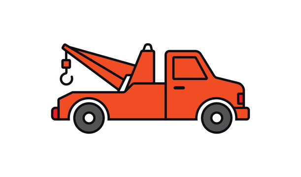Flat cartoon orange tow truck with hook on white background transport recovery