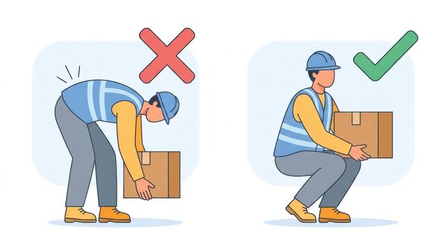 Two illustrations show correct and incorrect lifting techniques for boxes. Proper posture is important for safety during lifting activities.