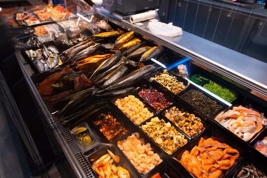 Seafood Counter with Shrimp, Mussels and Smoked Fish