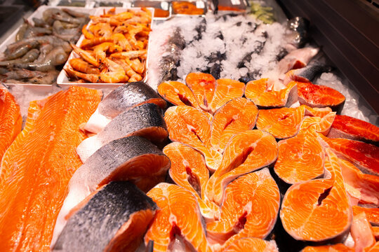 Fresh Salmon and Seafood Display on Ice