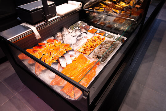 Fresh Salmon and Seafood Display on Ice
