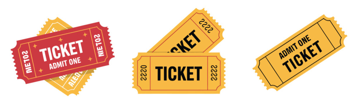 Ticket icon set showing cinema and movie admit one coupon symbols for entertainment events, entrance passes, and flat vector design use.