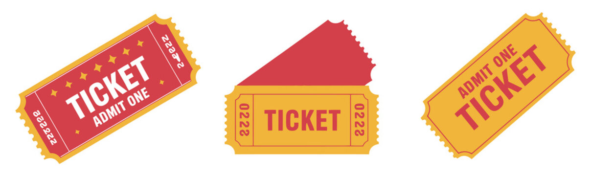 Ticket icon set featuring movie show tickets, cinema admit one coupons, and entrance pass symbols in modern flat vector illustration style.