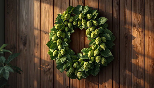 Green wreath made of hops and leaves hanging on wooden wall  