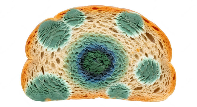 Isolated moldy bread slice with green and blue fungal spots on transparent background
