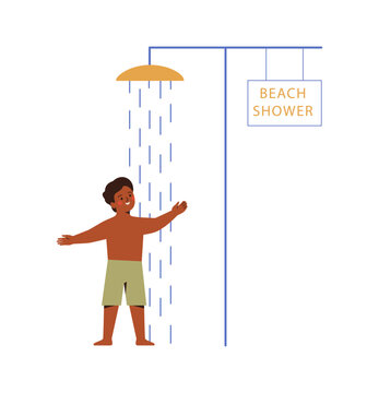 black happy boy standing under a beach shower with water drops falling. Summer lifestyle, Personal hygiene, Self-care habits concept. vector illustration