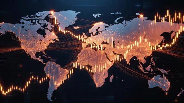 Glowing world map with financial links in digital style on dark background, concept of global trading and connectivity