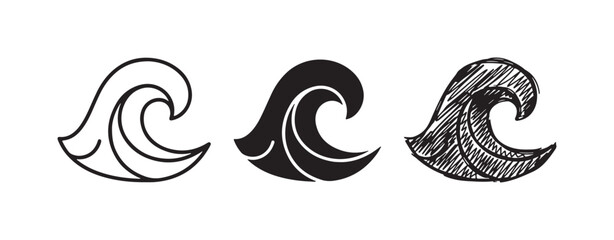 Fototapeta premium Set of three wave icons in different styles: outline, solid black, and hand-drawn scribble.