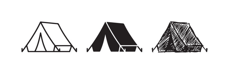 Camping tent icons set in outline, solid, and hand-drawn styles, perfect for outdoor, adventure, and travel themes. © Ірина Гринюк