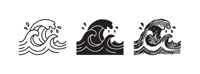 Fototapeta premium Ocean Waves Icon Set in Outline, Solid, and Doodle Styles