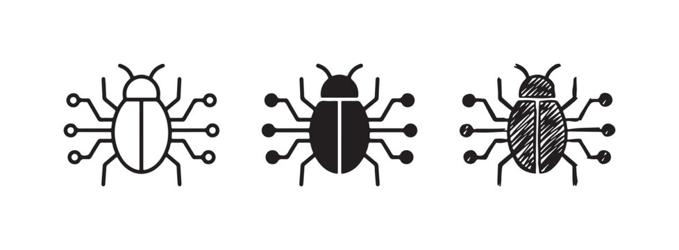 Computer Bug Icon Set in Line Art, Silhouette, and Sketch Styles