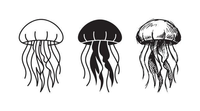 Jellyfish Icons Set: Marine Animal in Outline, Solid, and Sketchy Doodle Styles