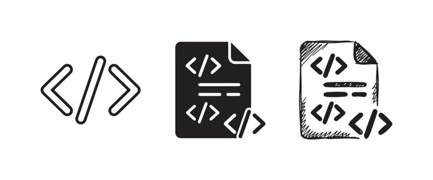 Coding brackets and programming file icon set, representing software development in outline, solid, and hand-drawn sketch styles