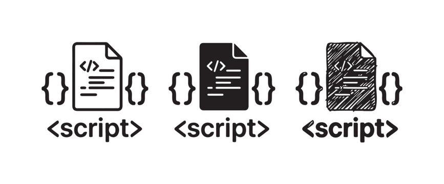 Script File Icon Variations: Line Art, Solid Silhouette, and Scribble Sketch Doodle for Code and Programming
