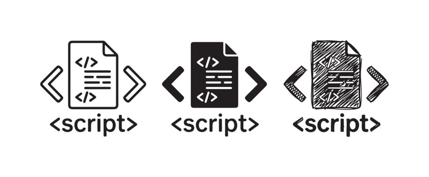 Script File Icon Set with Code Tags in Line Art, Silhouette, and Sketch Styles