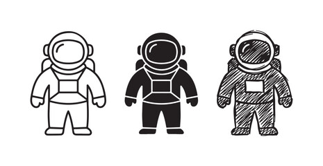 Three astronaut icons in different styles: outline, solid black, and sketchy, featuring a distinctive chest harness design. © Ірина Гринюк
