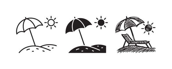 Obraz premium Three beach scene icons: outline, solid black, and sketchy, featuring a beach umbrella, sun, and sand, with an added lounge chair in the sketch.