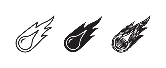Three styles of a stylized comet or meteor icon with a drop-shaped core and a fiery tail, representing celestial bodies or speed. © Ірина Гринюк