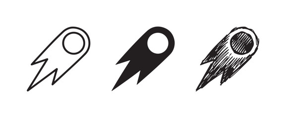 Three styles of a simple comet or meteor icon, showing a round core and a pointed, jagged tail, conveying speed and impact. © Ірина Гринюк