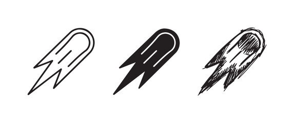 Three styles of a sleek comet or meteor icon, featuring a rounded rectangular core and a distinct triple-streak tail, for cosmic themes. © Ірина Гринюк