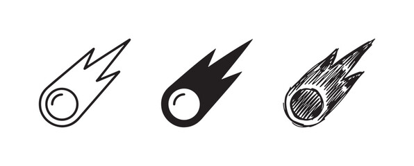 Three styles of a comet or meteor icon, featuring a round core and a jagged, flaming tail, symbolizing speed or cosmic events. © Ірина Гринюк