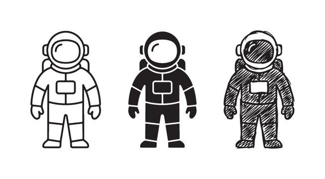 Collection of three astronaut icons, rendered in outline, solid black, and sketchy styles, featuring a detailed rectangular chest patch.