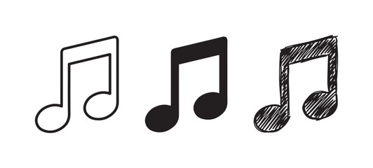 Single beamed musical note icon set, representing music and sound in distinct outline, solid, and hand-drawn sketch visual styles © Ірина Гринюк