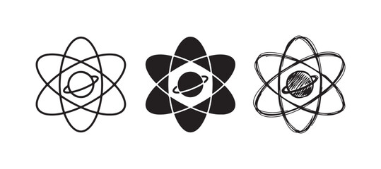Saturn-like Planet or Atom with Ring Icon Set in Line Art, Silhouette, and Sketch Styles © Ірина Гринюк