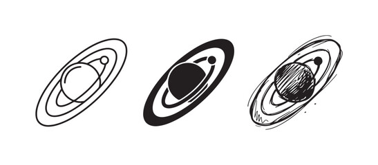 Fototapeta premium Planet with Rings and Orbital Path Icon Set in Line Art, Silhouette, and Sketch Styles