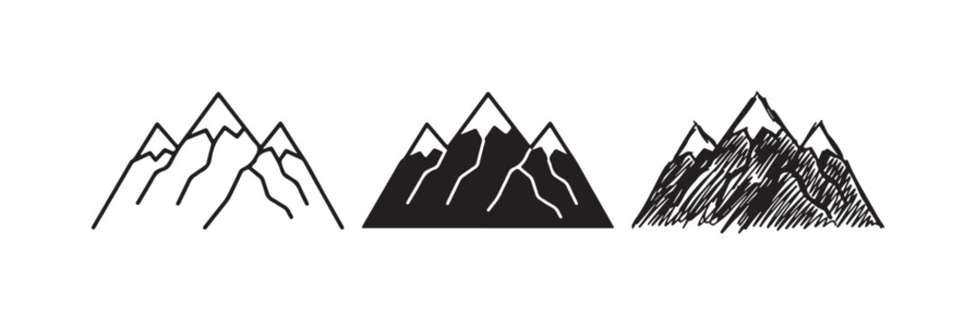 Mountain peaks with snow lines icon set, depicted in line art, silhouette, and sketch styles within a triangular frame.