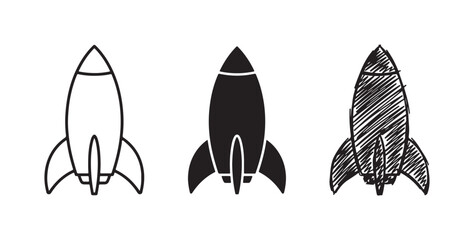 Minimalist rocket icon design in outline, solid fill, and sketchy hand-drawn scribble variations, perfect for themes of speed and progress. © Ірина Гринюк