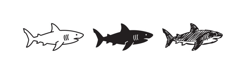 Fototapeta premium Set of three black and white shark icons in outline, solid, and sketchy styles, depicting a shark swimming left with an open mouth and gills