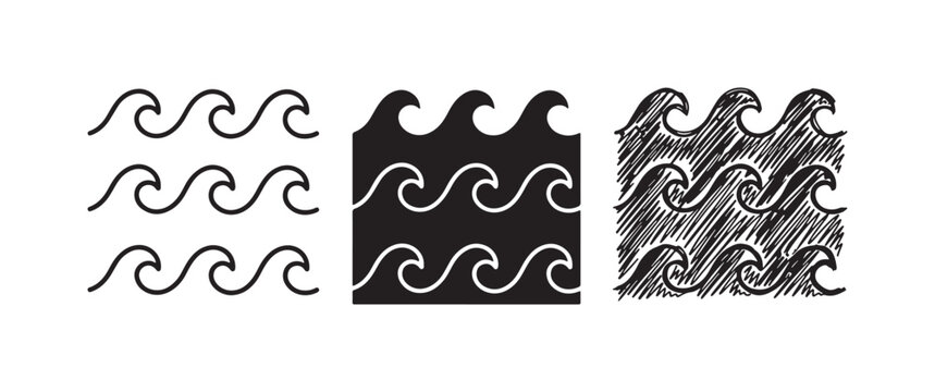 Consistent pattern of three rows of water waves icon in distinct outline, solid, and sketchy hand-drawn scribble versions for aquatic themes.