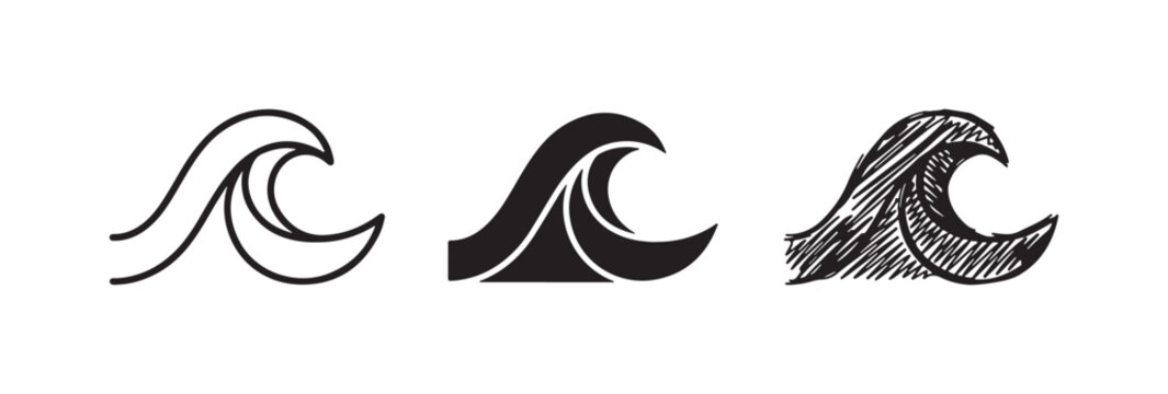 Single breaking wave icon, designed in three distinct styles: a clean outline, a solid silhouette, and a detailed hand-drawn scribble texture.