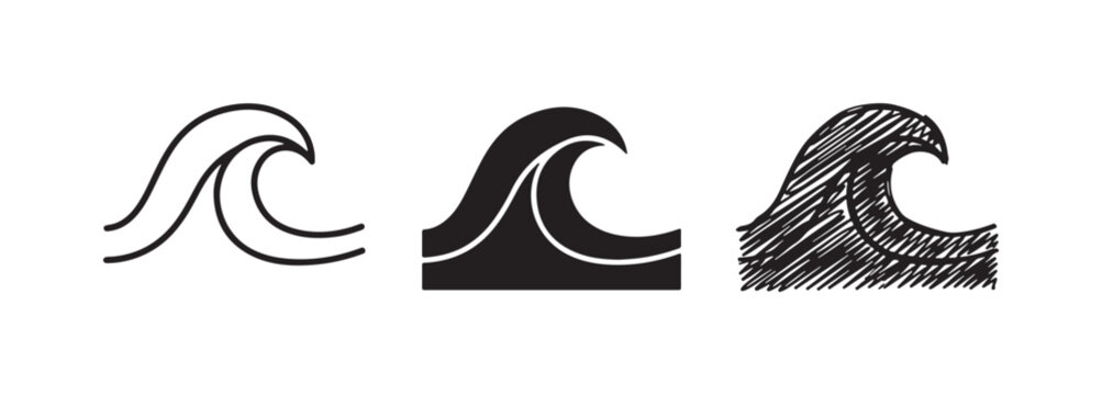 Stylized breaking wave icon with a flat base, presented in three different art styles: line art, solid filled, and expressive hand-drawn scribble.