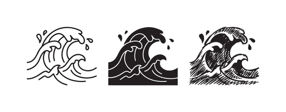 Graphic representation of an ocean wave in three styles: simple outline, bold filled shape, and textured hand-drawn scribble with splashes.