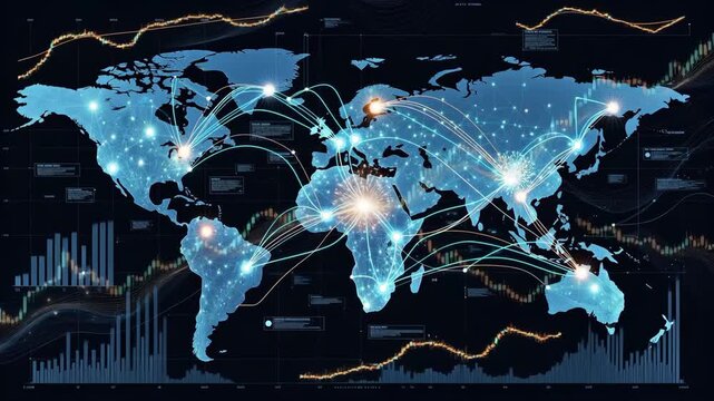 Digital world map with glowing data links, futuristic graphic style on dark background, concept of global connectivity