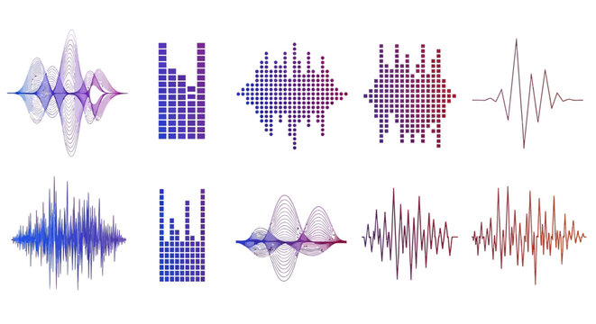 Vector illustration set of colorful audio spectrum visualizations, showcasing sound waves and digital equalizer bars for music and voice analysis concept