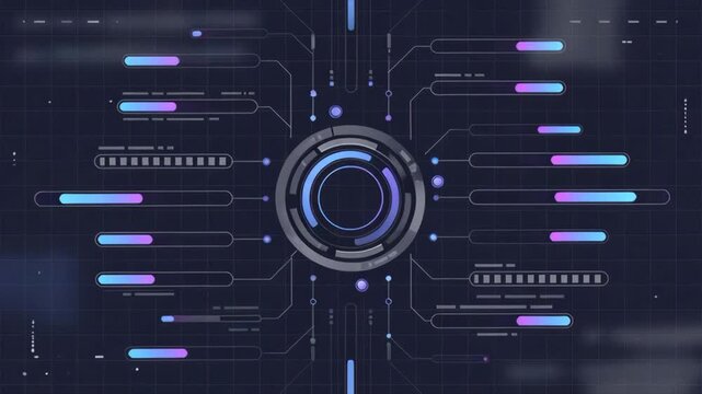 Abstract tech interface with neon bars and circular hub in futuristic style on dark grid, concept of digital data flow and high‑tech systems