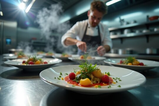 Chef Meticulously Plating Elegant Fine Dining Desserts in Commercial Kitchen