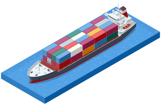 Isometric container ship loaded with colorful cargo box on water. Merchant sea transport for export, import, freight delivery, marine logistics and international shipping concept