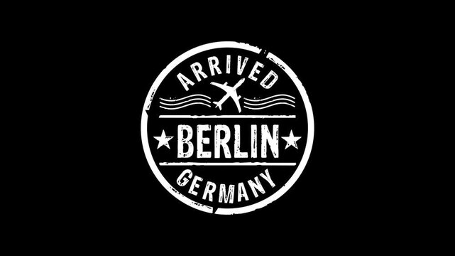 Berlin Germany arrived stamp and hand stamping impact isolated animation. Flight arrival 3D concept. Alpha matte channel.