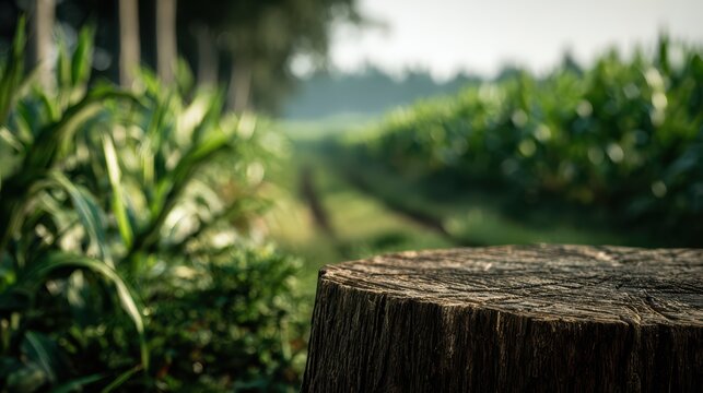 organic wooden stump in foreground, green corn rows background, cinematic depth blur 
