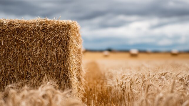 rectangular hay bale foreground focus, ripe wheat field behind, soft cloudy sky, commercial countryside aesthetic