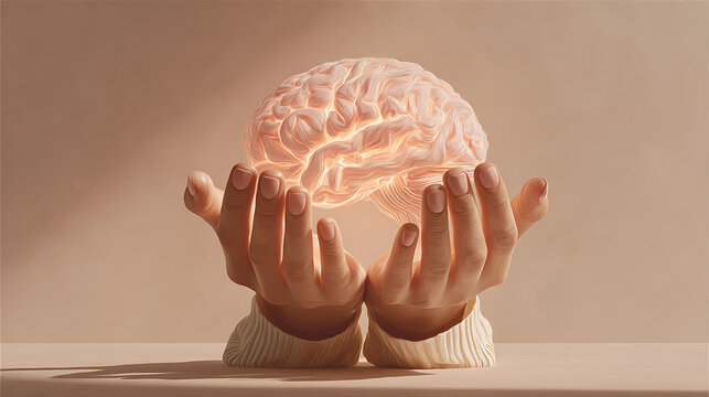 Glowing human brain floating above open hands, symbolizing mental health, neuroscience, emotional wellbeing, psychology and cognitive care in a soft minimalist atmosphere.