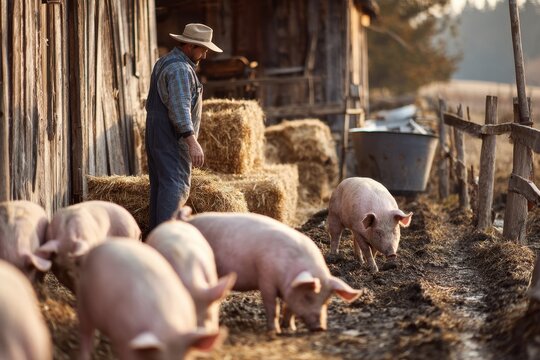 Farmer feeding hogs in a muddy pig pen within a rustic farm setting